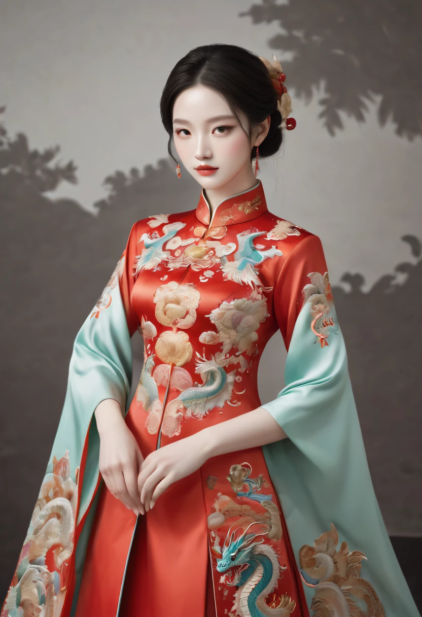 Draw an embroidery work,dragon embroidery,Chinese clothing design,Silk fabric,Symmetrical style,Full body queen