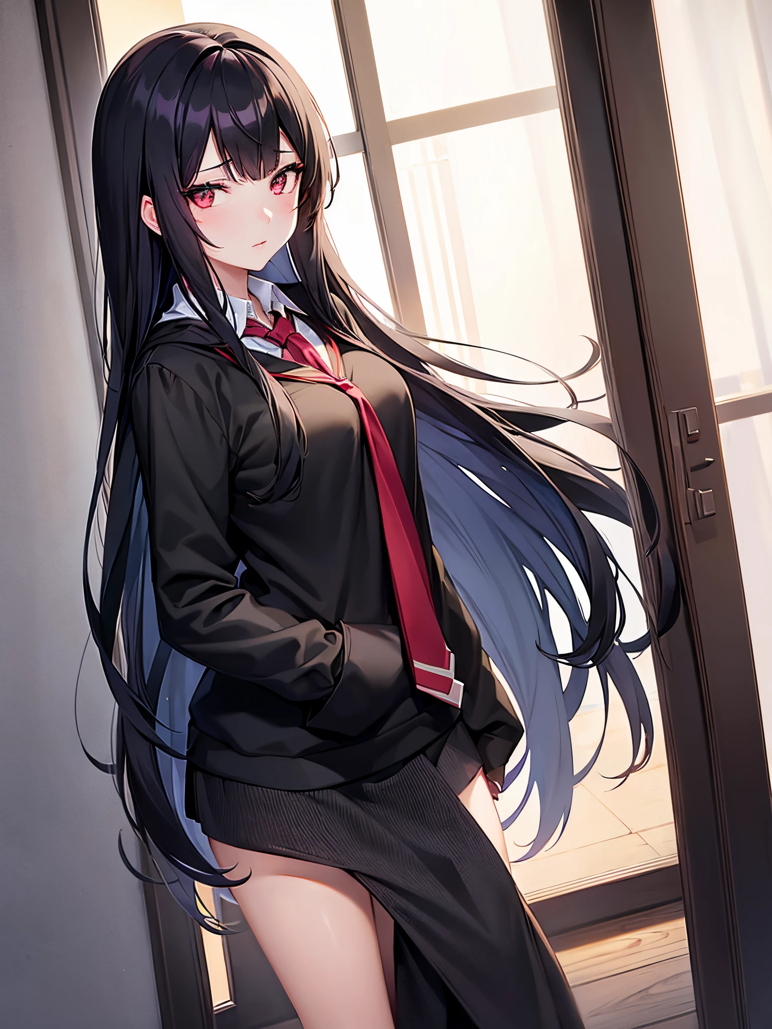 anime girl with long black hair and a red tie standing in front of a window, beautiful anime high school girl, ilya kuvshinov with long hair, anime girl with long hair, beautiful anime girl, anime girl, young anime girl, attractive anime girl, an anime girl, cute anime girl, black haired girl wearing hoodie, anime style 4 k, pretty anime girl