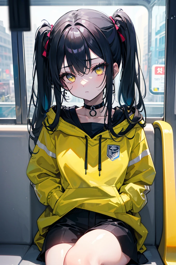 (masterpiece, best quality, 4k, insane details, watercolor, 1girl), long black hair, long twintails, cute hair pins, yellow eyes, choker, wearing a long black hoodie that covers her thighs, oversize clothes, sitting inside a train, leaning on the train window, cell shading, aesthetic, vibrant, perfect body, perfect hands, perfect eyes, detailed eyes, bokeh, reflections, cold atmosphere
