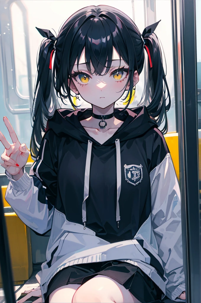 (masterpiece, best quality, 4k, insane details, watercolor, 1girl), long black hair, long twintails, cute hair pins, yellow eyes, choker, wearing a long black hoodie that covers her thighs, oversize clothes, sitting inside a train, leaning on the train window, cell shading, aesthetic, vibrant, perfect body, perfect hands, perfect eyes, detailed eyes, bokeh, reflections, cold atmosphere