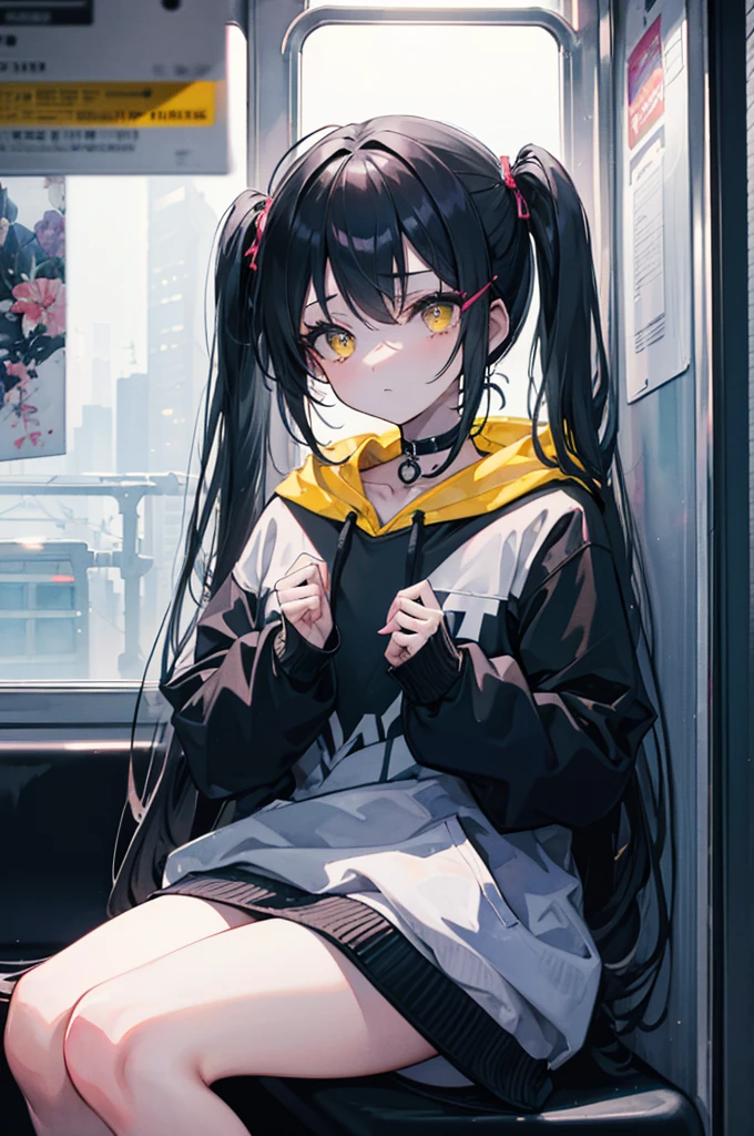 (masterpiece, best quality, 4k, insane details, watercolor, 1girl), long black hair, long twintails, cute hair pins, yellow eyes, choker, wearing a long black hoodie that covers her thighs, oversize clothes, sitting inside a train, leaning on the train window, cell shading, aesthetic, vibrant, perfect body, perfect hands, perfect eyes, detailed eyes, bokeh, reflections, cold atmosphere