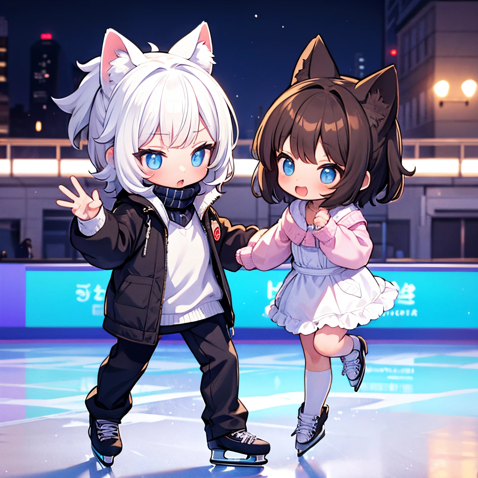 ​masterpiece,cute girl and kitten,ice skating,Ice rink,Figure skating costumes,Ice rink