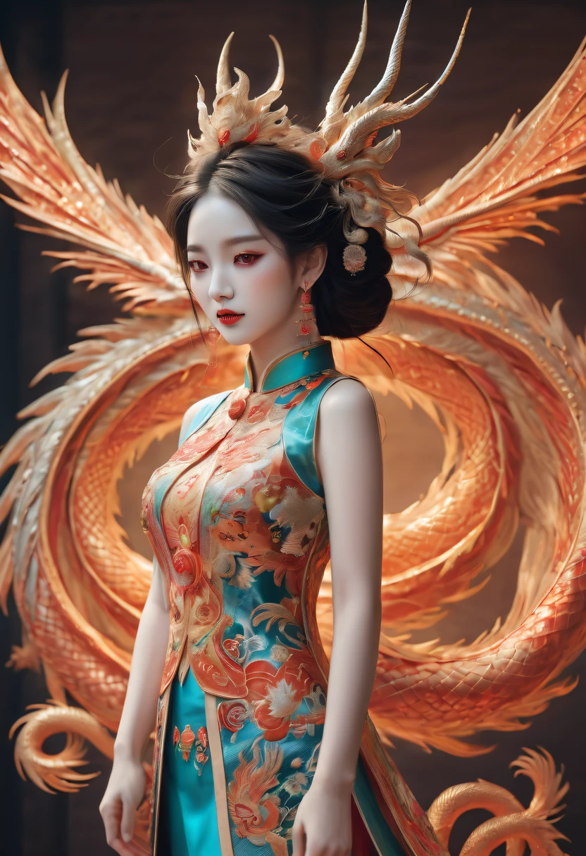Draw an embroidery work,dragon embroidery,Chinese clothing design,Silk fabric,Symmetrical style,Full body queen