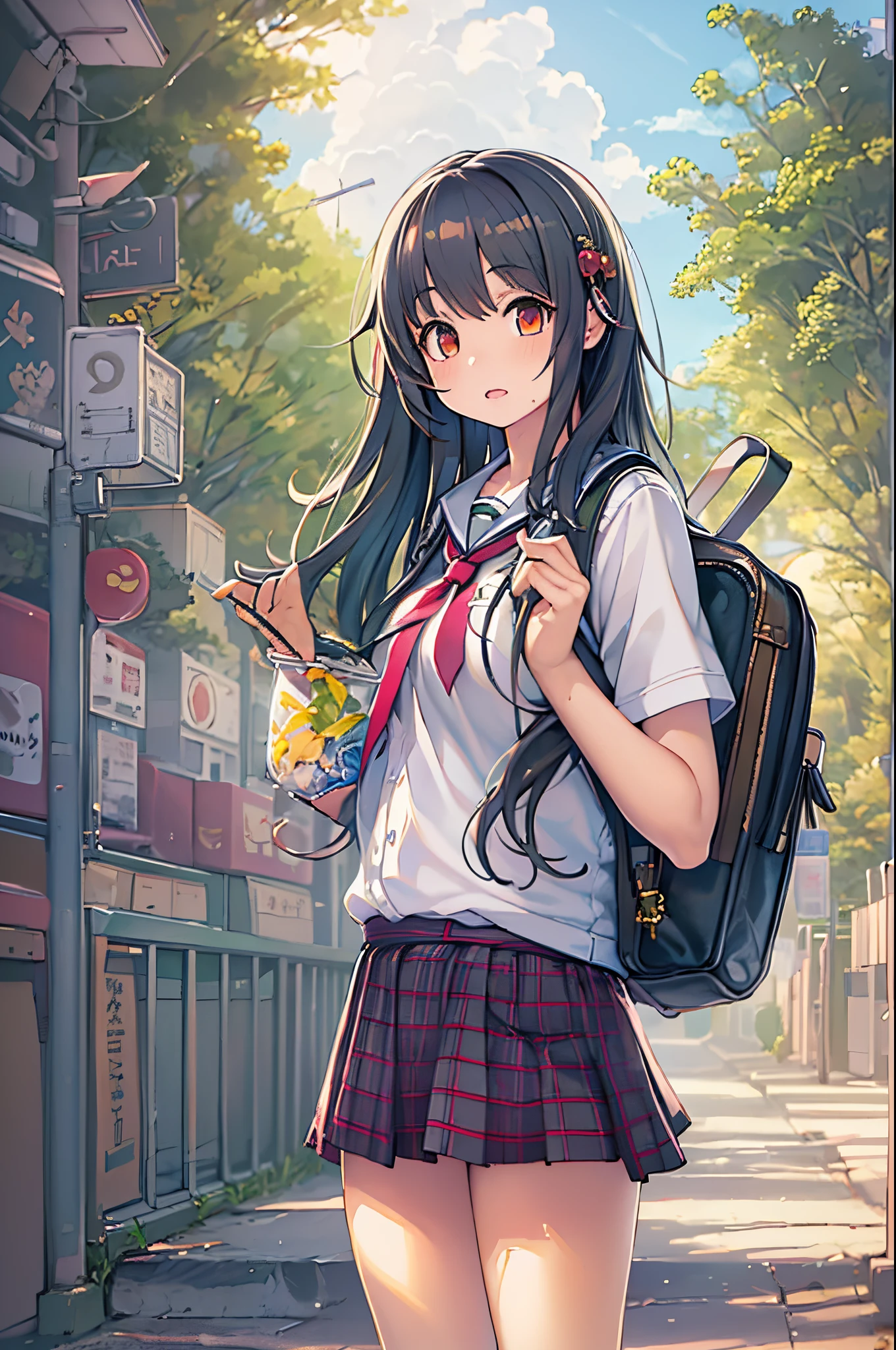 Anime girl with long black hair and a backpack taking a photo, Smooth Anime CG Art, anime moe art style, beautiful anime high school girl, Cute anime girl, realistic anime art style, a hyperrealistic schoolgirl, a hyperrealistic schoolgirl, Beautiful anime girl, digital anime art, young anime girl, Anime Girl, Anime visuals of cute girls