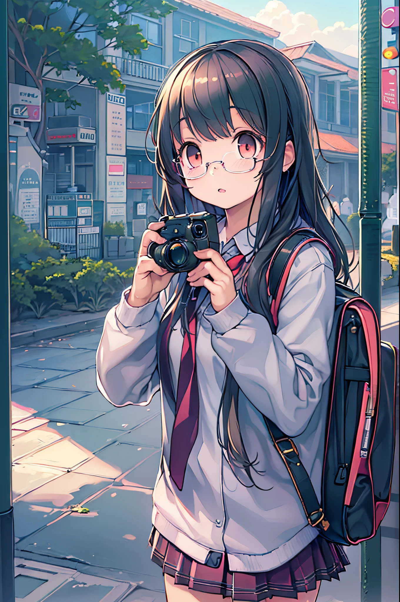 Anime girl with long black hair and a backpack taking a photo, Smooth Anime CG Art, anime moe art style, beautiful anime high school girl, Cute anime girl, realistic anime art style, a hyperrealistic schoolgirl, a hyperrealistic schoolgirl, Beautiful anime girl, digital anime art, young anime girl, Anime Girl, Anime visuals of cute girls