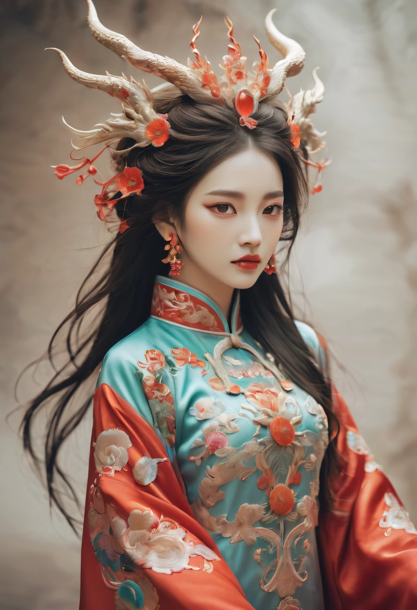 Draw an embroidery work，dragon embroidery，Chinese clothing design，Silk fabric，Symmetrical style，Full body queen