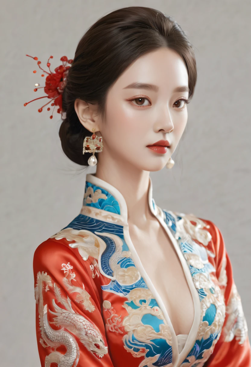 Draw an embroidery work,dragon embroidery,Chinese clothing design,Silk fabric,Symmetrical style,Full body queen