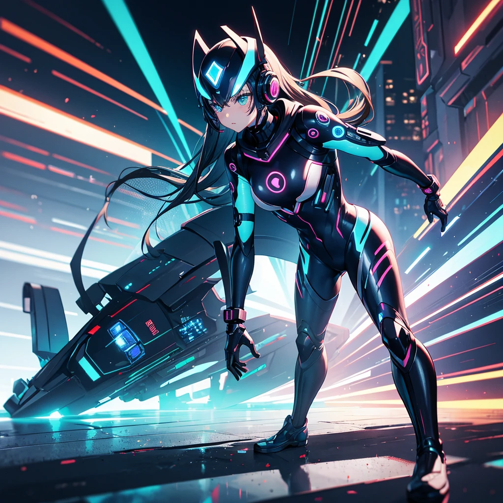 masutepiece, Best Quality, cyberpunked、femele、Rider Suit、run through on a bike、Cyber City、Dynamic Pose, Dynamic Angle,