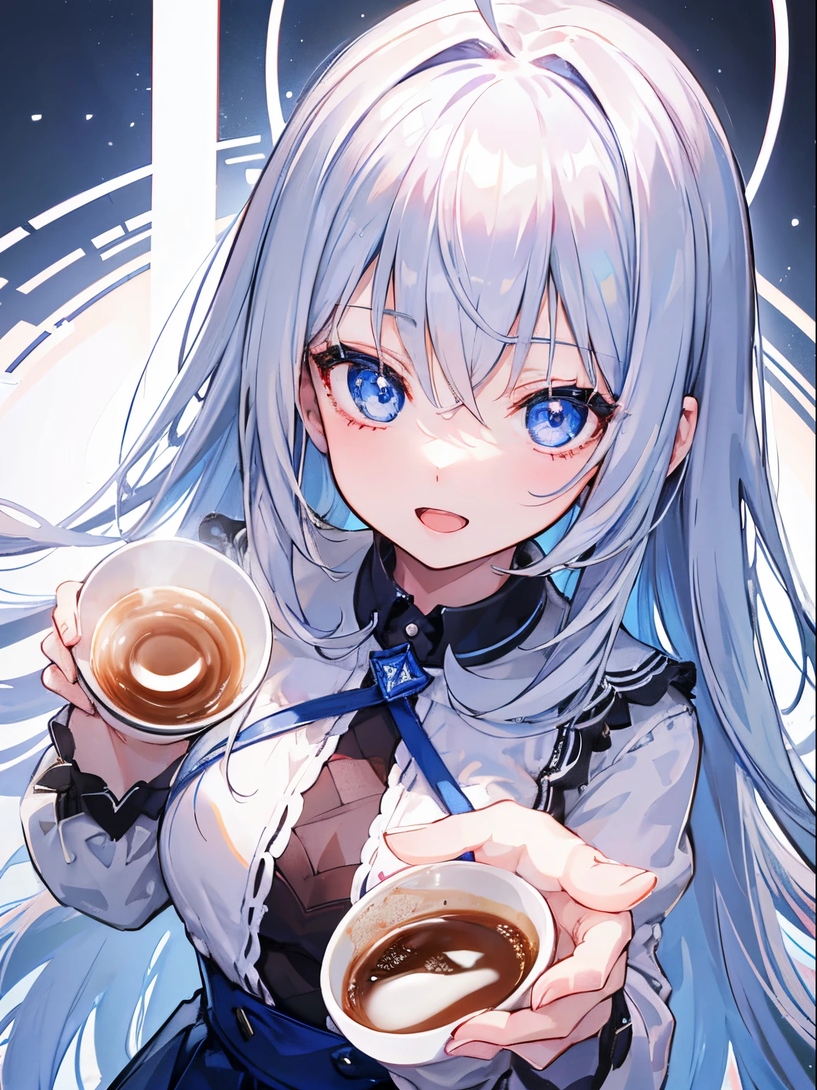 1girl in, silber hair、Blue eyes、Ahoge、A smile, open open mouth,Clear face,masterpiece, detailed shadow, Detailed light, ighly detailed, top-quality, hard disk, in 8K, hightquality、Clear face、drinking a cup of coffee