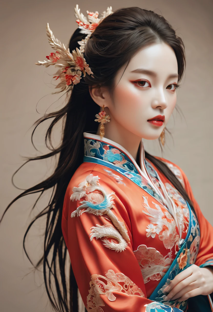 Draw an embroidery work,dragon embroidery,Chinese clothing design,Silk fabric,Symmetrical style,Full body queen