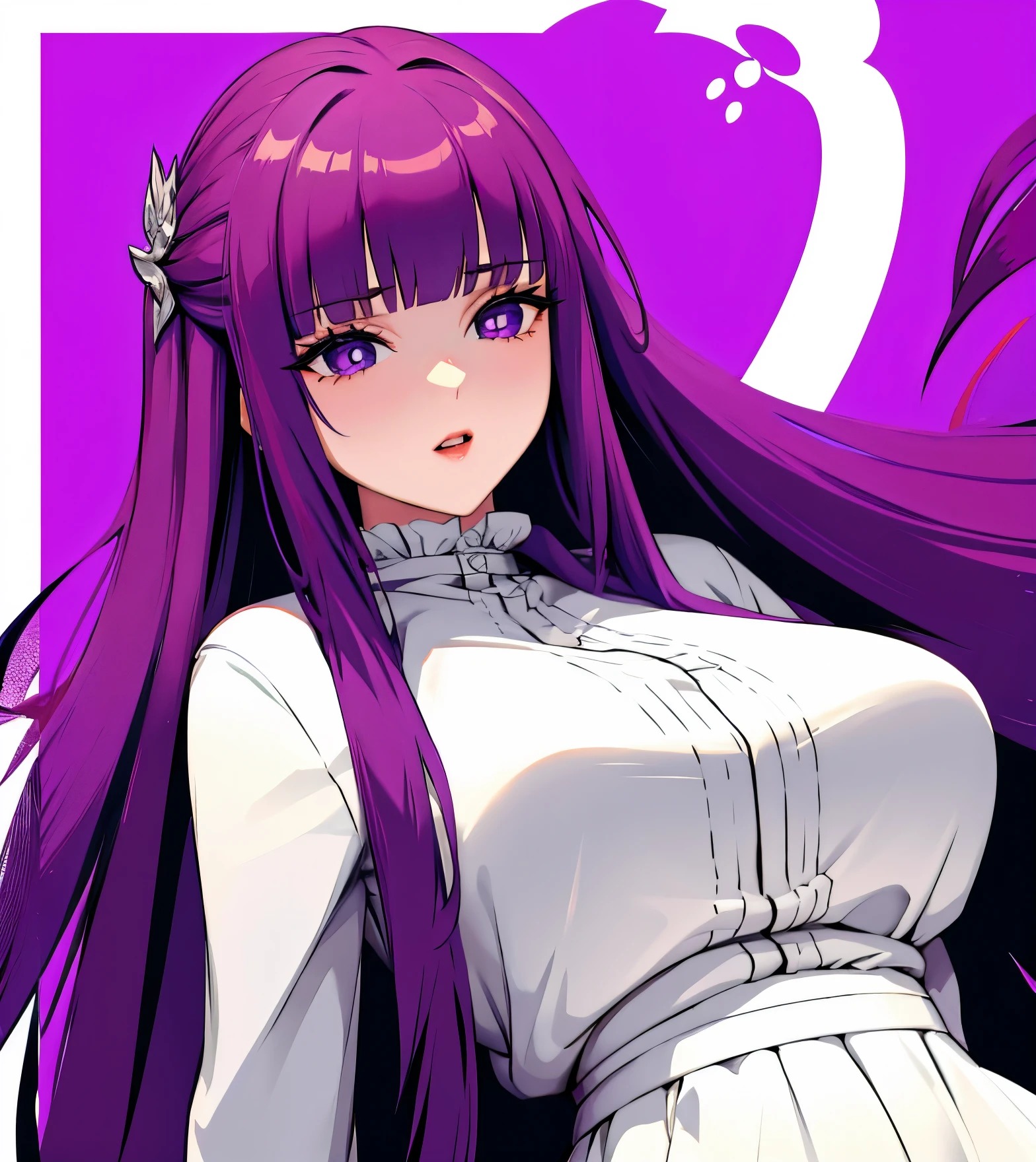 masterpiece, best quality, absurdres, half body, close-up, close up, breast focus, beautiful face, perfect anatomy, 1girl, solo, FernFrieren, very long hair, purple eyes, (purple pupils), white dress, black robe, large breasts, outdoors,  square background, sitting, tilting, emotionless face,