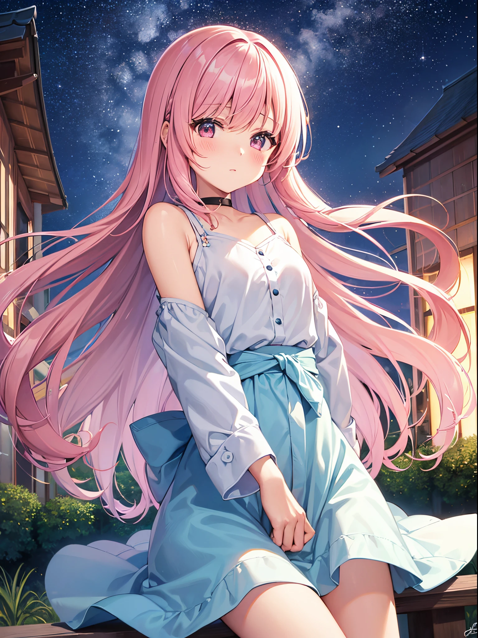 One girl、Pink hair、PastelColors、Cute、blush, tiny chest, octans, sky, star (sky), scenery, starry sky, night, 1girl, night sky, solo, outdoors, signature, building, cloud, milky way, sitting, tree