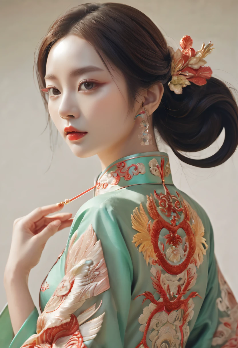 Draw an embroidery work,dragon embroidery,Chinese clothing design,Silk fabric,Symmetrical style,Full body lesbian