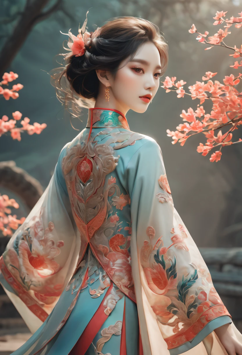 Chinese Beauty, Charming temperament, floating long dress, Clear face, beautiful eyes, Around osmanthus flowers, A masterpiece of perfect body structure proportions, Very detailed, Epic Composition, Color Tattoo Art, Neo-Traditional Tattoo Art, SD tattoo design, Color Tattoo Art, Mysterious and warm and friendly atmosphere, Surrealism, Ultra HD, high quality, best quality, 32K --v 6