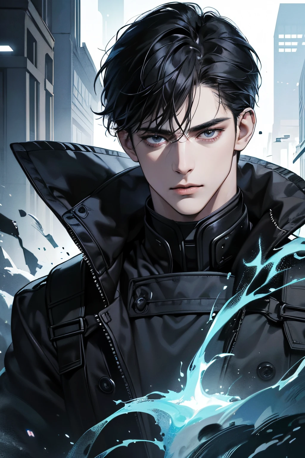 (best quality detailed image beautiful image 8K photorealistic dramatic lighting 1:1) (digital art digital illustration) (camera focused on face) (cold colors dim lighting) Art Manhwa 29 year old man very handsome black hair black clothes black eyes (piercing gaze cold expression perfect face perfect lines) walking in a chaotic dystopia setting