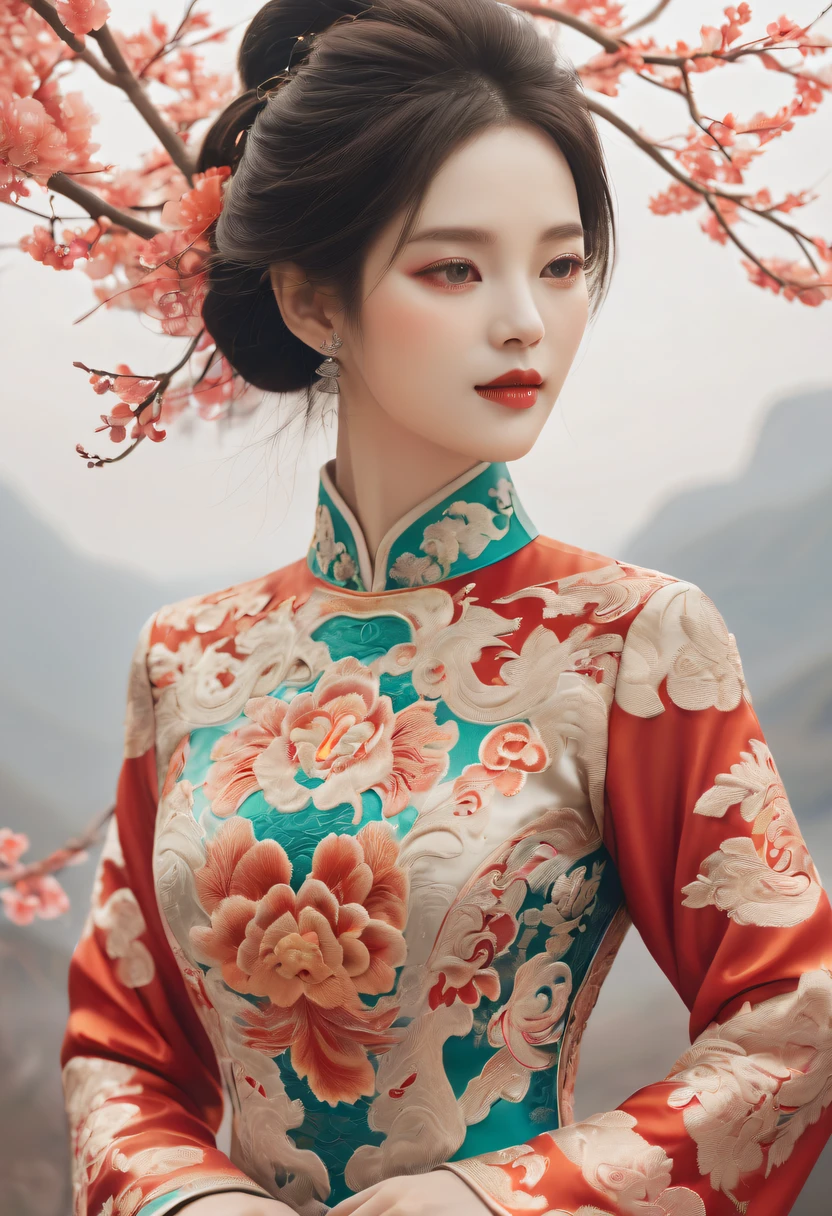 Draw an embroidery work,dragon embroidery,Chinese clothing design,Silk fabric,Symmetrical style,Full body lesbian
