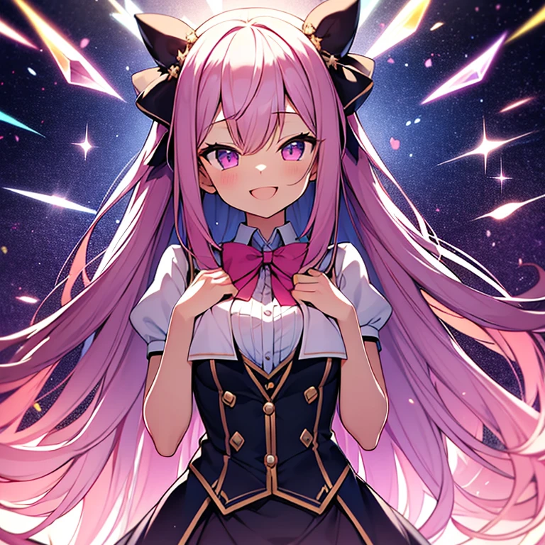 chest out, absurdres, superfine illustration,rainboweffect, highres, ultra detailed,light diffusion,highly detailed light reflection, kaleidoscope, harmonious, best shadow, highly detailed very beautiful big smile face, ;D, beautiful growing crystal diamond star pupil,look at viewer, beautiful detailed hair, solo, dynamic pose, beautiful detailed pink and black ribon, beautiful detailed High school uniform, Fantastic and the whole shines and shooting star and the wind is strong in detail background