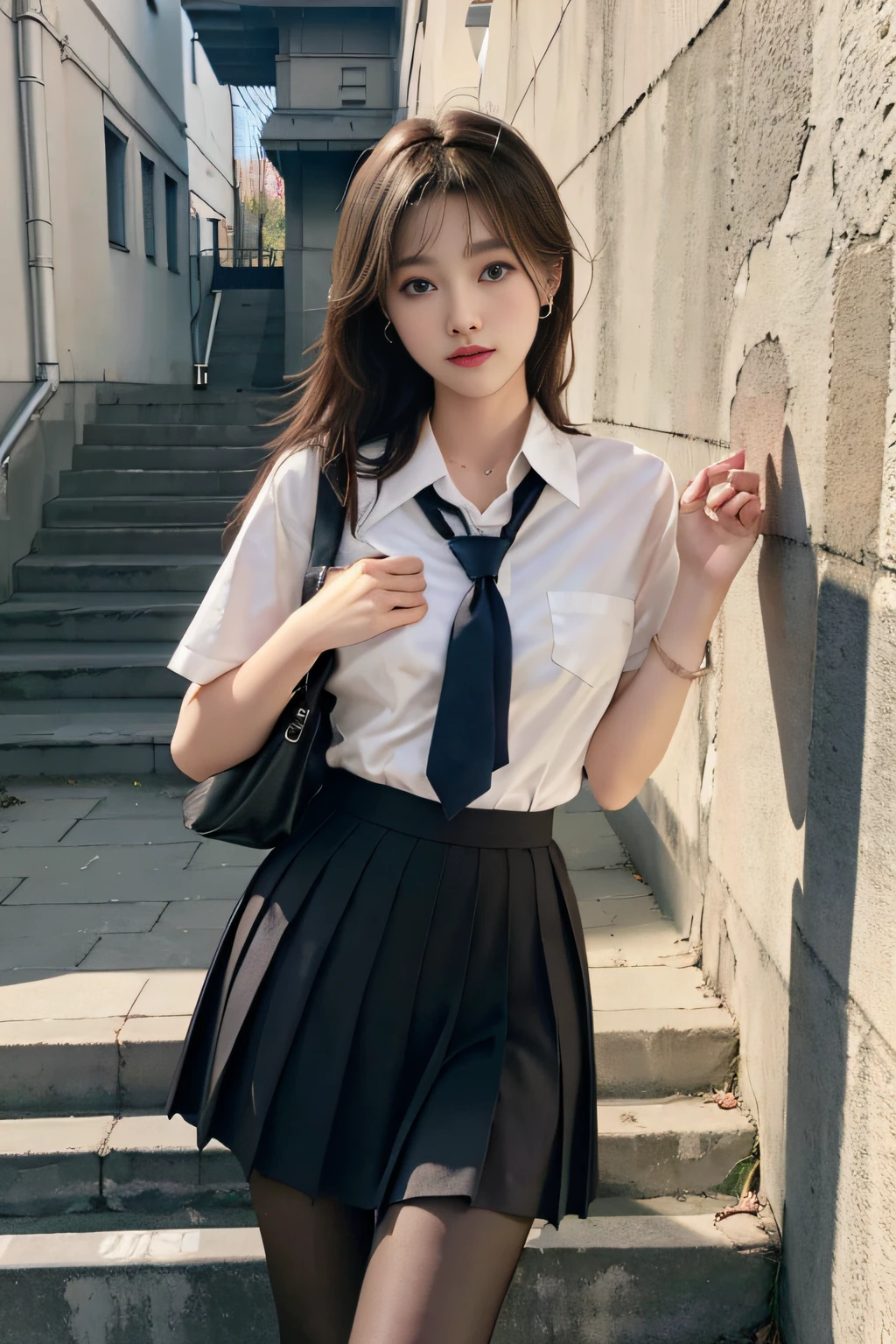 Korean School Uniform、Summer Uniform Shirts、Tight-fitting shirt、Ribbon Ties、skirt by the、Schools、stairs at school、Chest lifting pose、The focus is on the chest、Thin and large、8k RAW photo、hight resolution、18-year-old Korean、looking embarrassed、very large round breasts、intricate and fine details、long eyelasher、beautiful double eyelid、eyeshadows、eye line、elongated eyes、elongated eye shape、Sanpaku eyes are beautiful and thin, legit thin thighs、Random Shorthair、Tie your hair back、耳Nipple Ring、light brown hair、(Wear pantyhose)、Grab your knees,