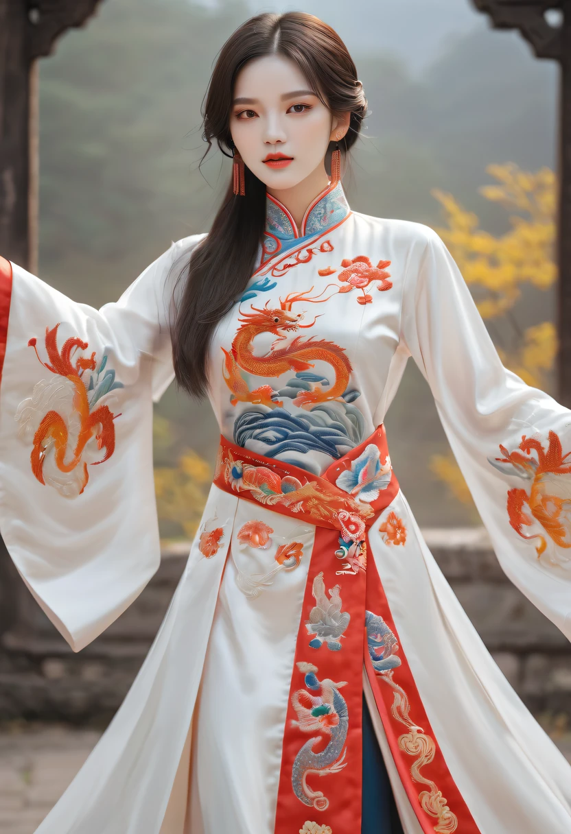 Draw an embroidery work,dragon embroidery,Chinese clothing design,Silk fabric,Symmetrical style