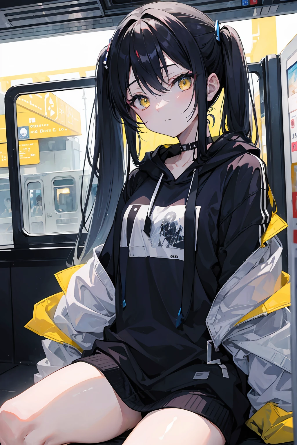 (masterpiece, best quality, 4k, insane details, watercolor, 1girl), long black hair, long twintails, cute hair pins, yellow eyes, choker, wearing a long black hoodie that covers her thighs, oversize clothes, sitting inside a train, leaning on the train window, cell shading, aesthetic, vibrant, perfect body, perfect hands, perfect eyes, detailed eyes, bokeh, shiny, cold atmosphere, slight smile
