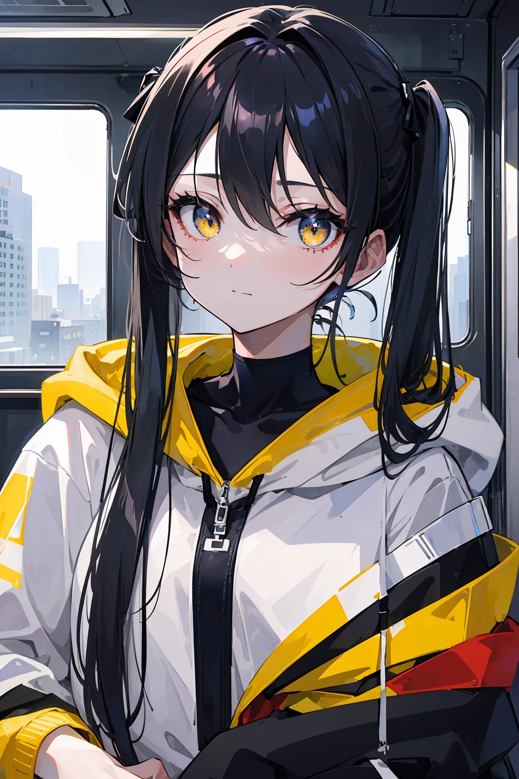 (masterpiece, best quality, 4k, insane details, watercolor, 1girl), long black hair, long twintails, cute hair pins, yellow eyes, choker, wearing a long black hoodie that covers her thighs, oversize clothes, sitting inside a train, leaning on the train window, cell shading, aesthetic, vibrant, perfect body, perfect hands, perfect eyes, detailed eyes, bokeh, shiny, cold atmosphere, slight smile