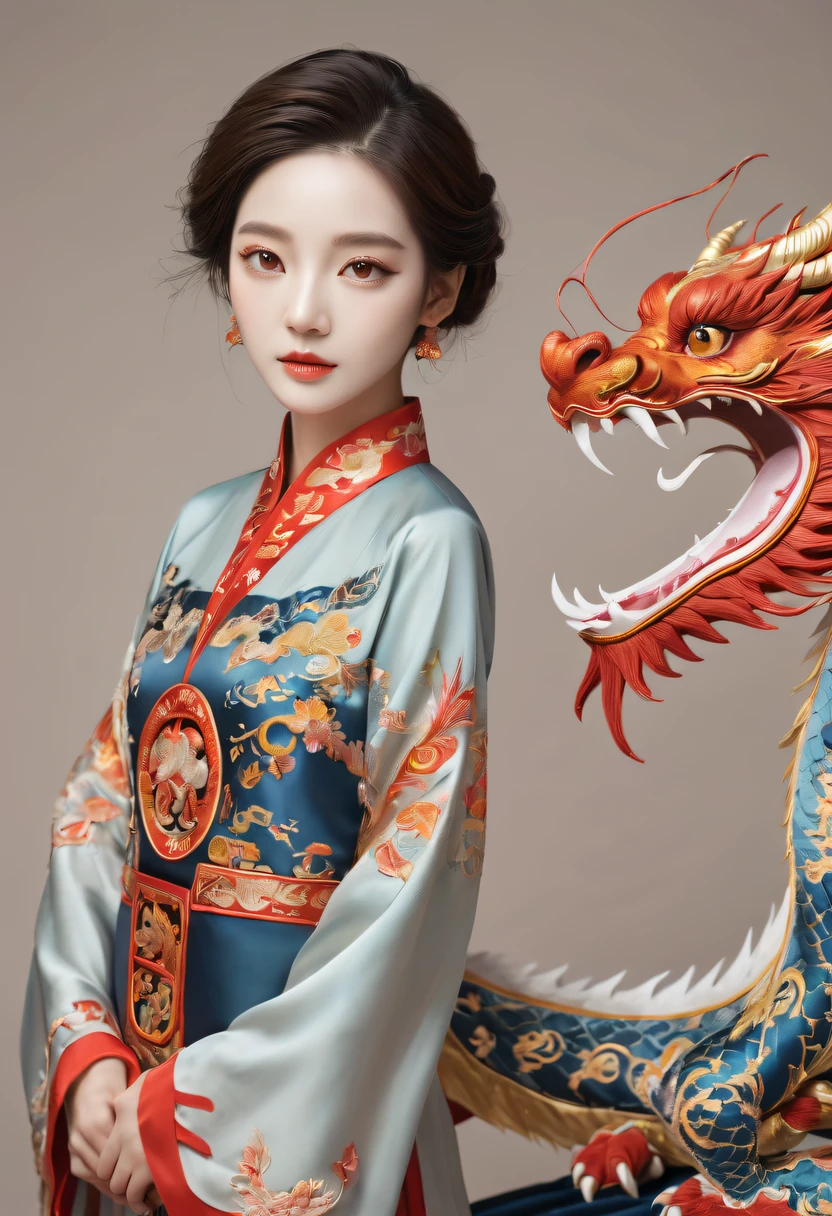 Draw an embroidery work，dragon embroidery，Chinese clothing design，Silk fabric，Symmetrical style