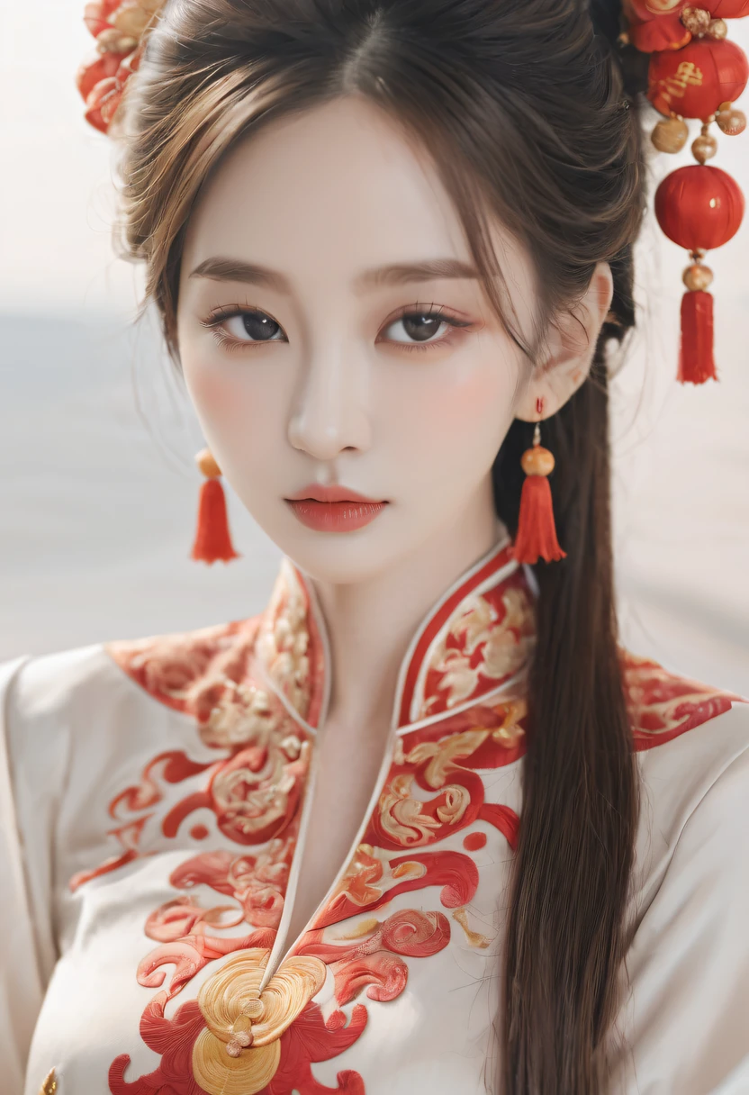 Draw an embroidery work,dragon embroidery,Chinese clothing design,Silk fabric,Symmetrical style