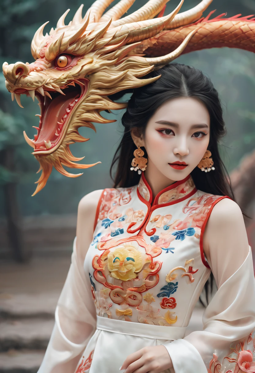 Draw an embroidery work，dragon embroidery，Chinese clothing design，Silk fabric，Symmetrical style