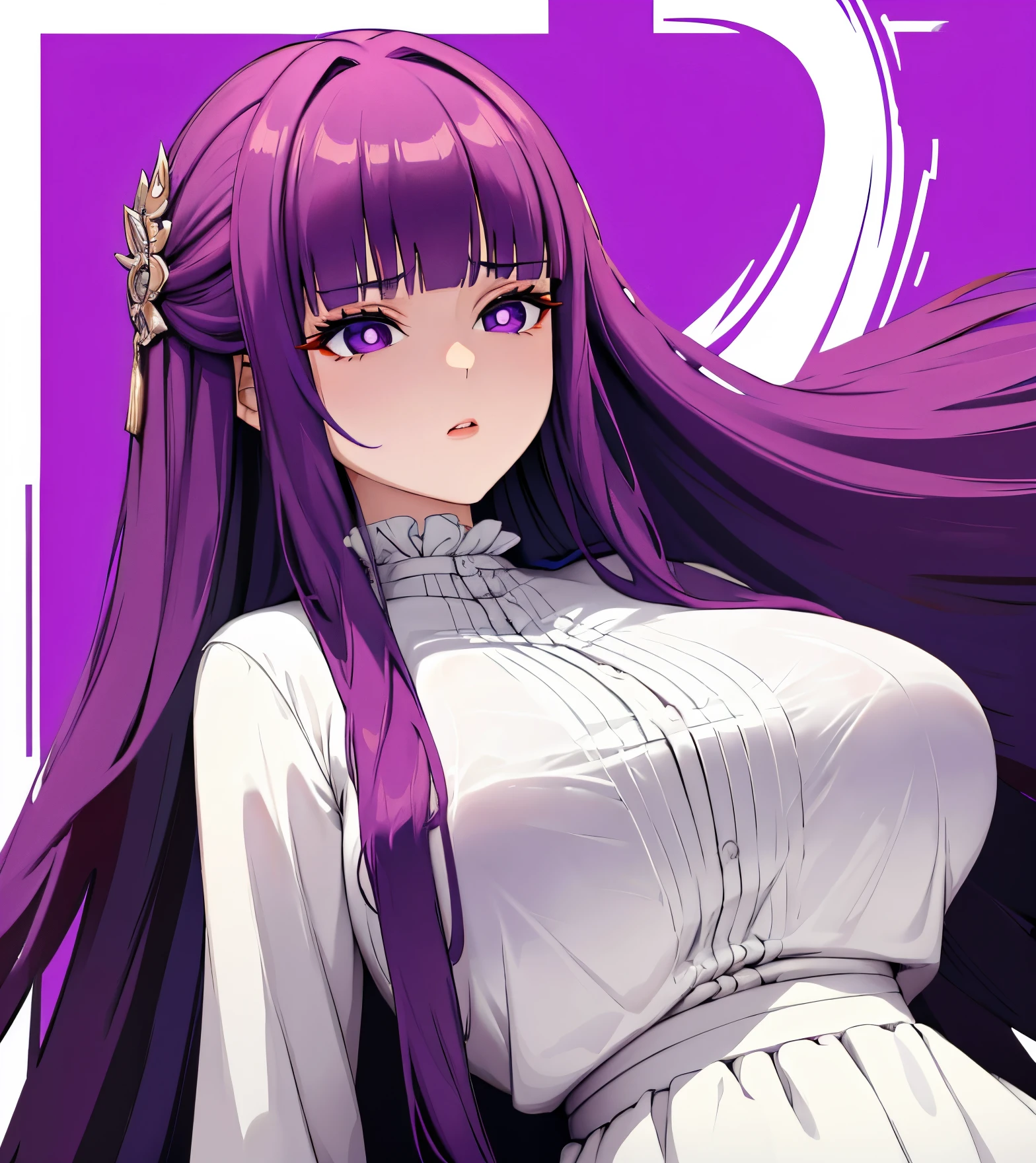 masterpiece, best quality, absurdres, half body, close-up, close up, breast focus, beautiful face, perfect anatomy, 1girl, solo, FernFrieren, very long hair, purple eyes, (purple pupils), white dress, black robe, large breasts, outdoors,  square background, sitting, tilting, emotionless face,