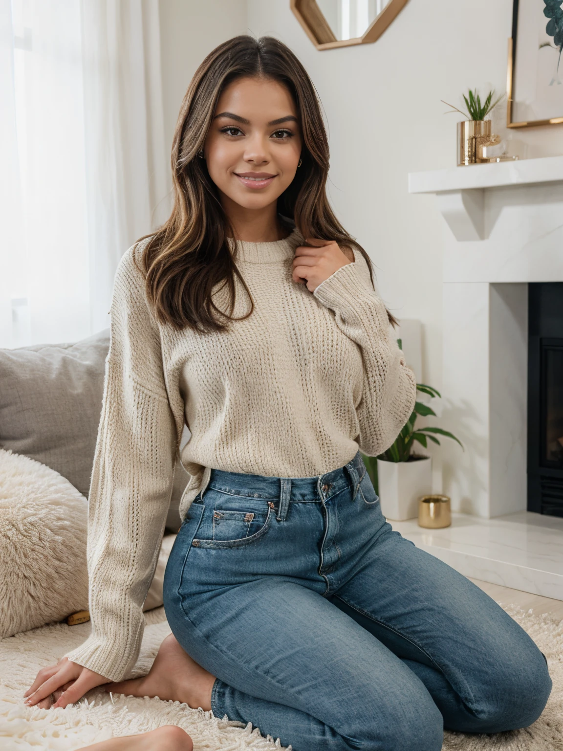 18-year-old, perfect face detailed, Adriana Chechik's face, Beyonce's body, voluptuous body, Light smile, Transforming her living room into a cozy haven, she wears a stylish Nordic-patterned sweater, skinny jeans, and shearling-lined slippers, radiating comfort and seasonal charm, RAW format, Nikon Z 85mm