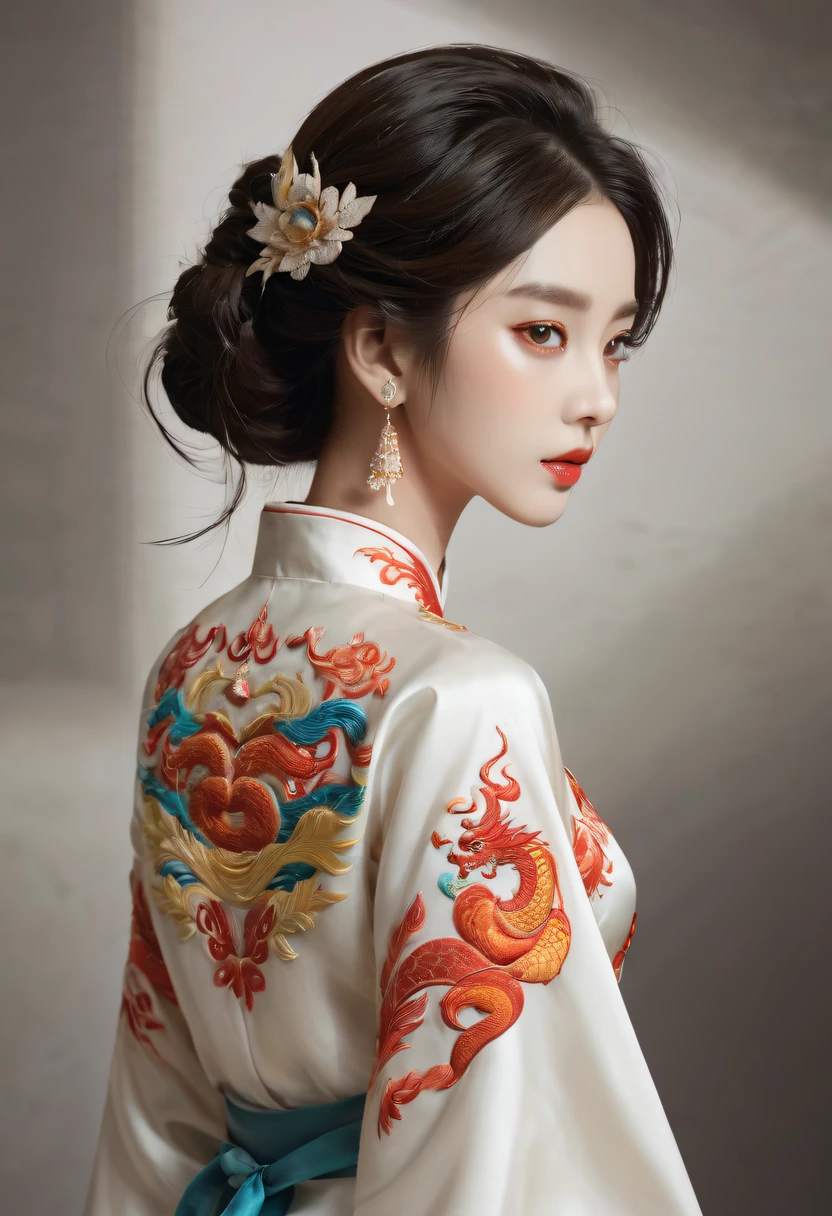 Draw an embroidery work，dragon embroidery，Chinese clothing design，Silk fabric，Symmetrical style