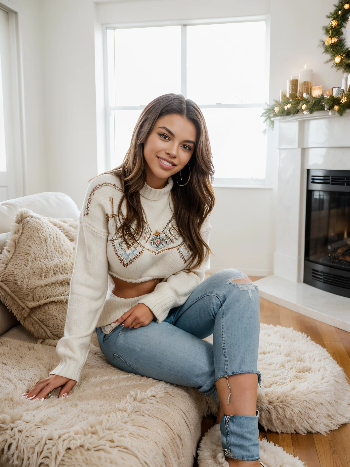 18-year-old, perfect face detailed, Adriana Chechik's face, Beyonce's body, voluptuous body, Light smile, Transforming her living room into a cozy haven, she wears a stylish Nordic-patterned sweater, skinny jeans, and shearling-lined slippers, radiating comfort and seasonal charm, RAW format, Nikon Z 85mm
