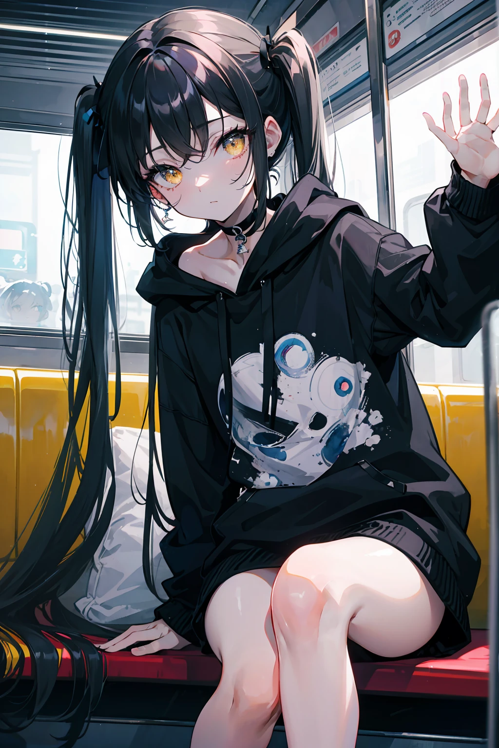 (masterpiece, best quality, 4k, insane details, watercolor, 1girl), long black hair, long twintails, cute hair pins, yellow eyes, choker, wearing a long black hoodie that covers her thighs, oversize clothes, sitting inside a train, leaning on the train window, cell shading, aesthetic, vibrant, perfect body, perfect hands, perfect eyes, detailed eyes, bokeh, reflections, cold atmosphere
