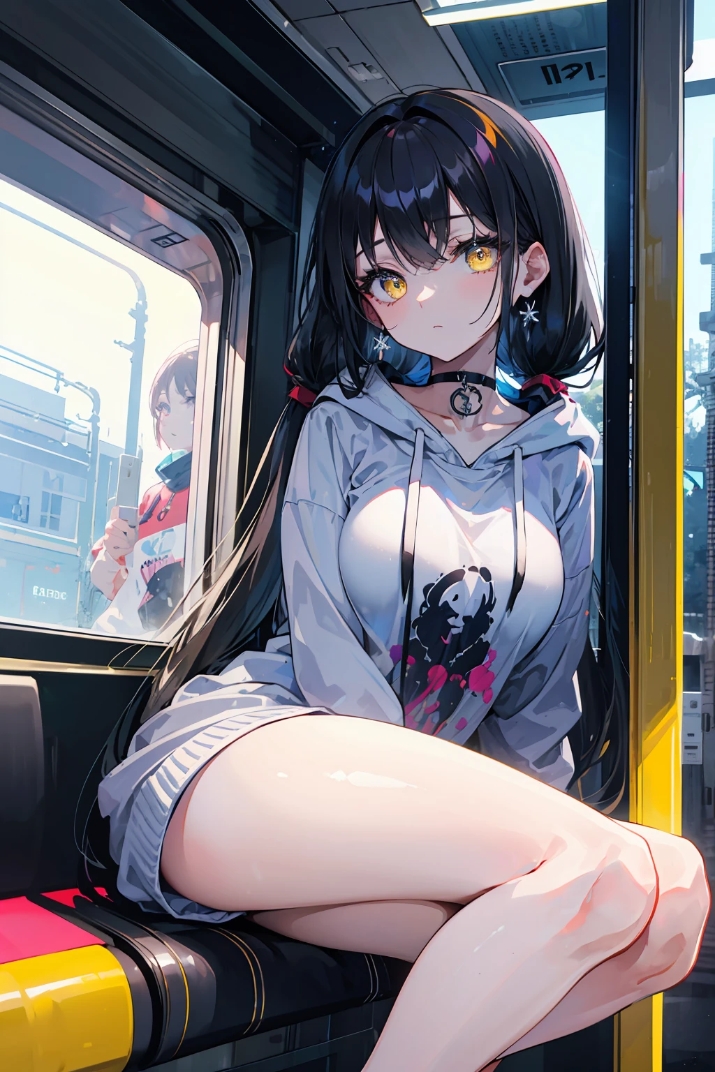 Una chica junkotvv pelo negro, orejas de gato, ojos rojos,  camisa negra sin mangas, bufanda rosa, falda rosa, botas rosas, forma del cuerpo, blusa abajo, ombligo visible, muslos gorditos, being touched by several men without her consent inside a subway car.,ILLUSTRATION,harsh and disturbing atmosphere,[sombras oscuras,dark and crowded subway car,panic,lucha],(mejor calidad,high resolution),vivid colors,warm tones,dim lighting