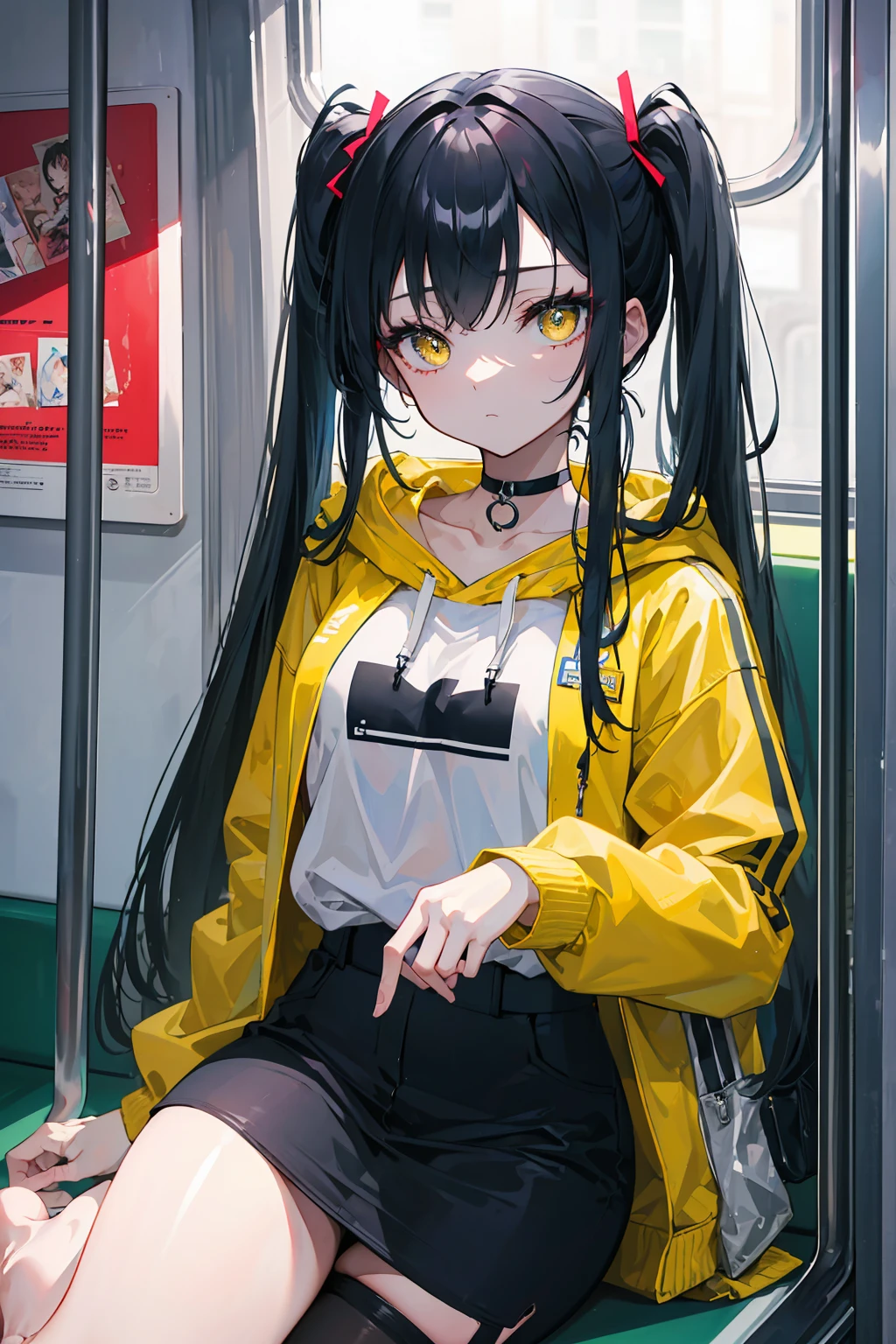 (masterpiece, best quality, 4k, insane details, watercolor, 1girl), long black hair, long twintails, cute hair pins, yellow eyes, choker, wearing a long black hoodie that covers her thighs, oversize clothes, sitting inside a train, leaning on the train window, cell shading, aesthetic, vibrant, perfect body, perfect hands, perfect eyes, detailed eyes, bokeh, reflections, cold atmosphere