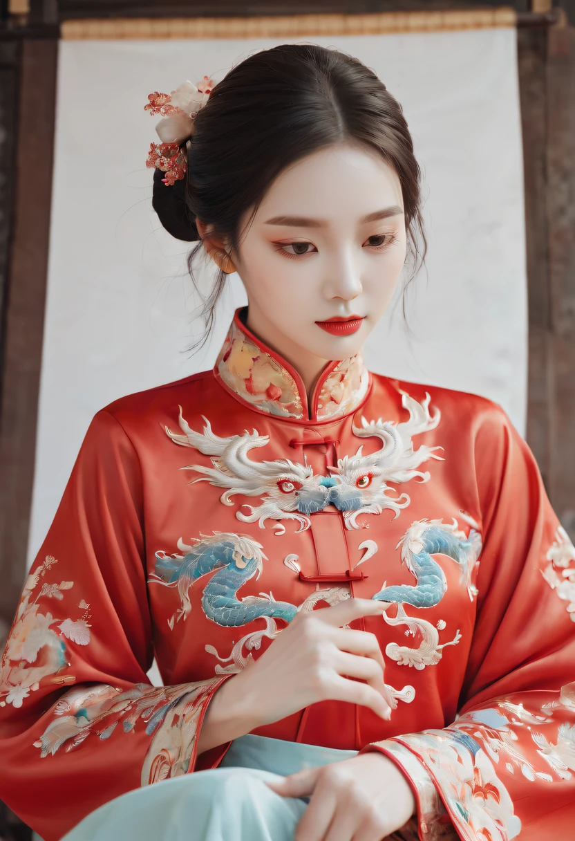 Draw an embroidery work,dragon embroidery,Chinese clothing design,Silk fabric,Symmetrical style
