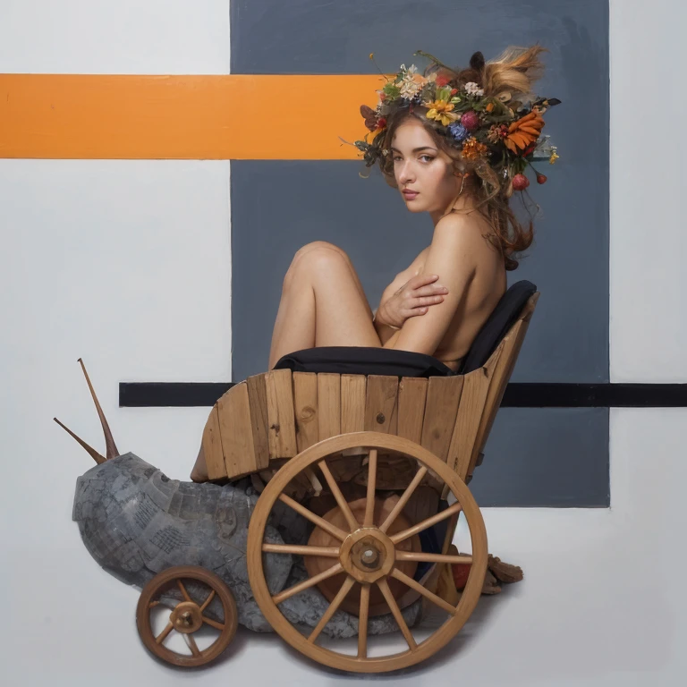 pintura de una mujer sentada en un carruaje con un caracol y flores en el pelo, Arte figurativo altamente conceptual, adrian borda, Alexey Egorov, Inspirado por Andrey Ryabovichev, valentina revolver, inspired by Ivan Generalić, Maxim Sukharev, por Fyodor Rokotov, por Galen Dara