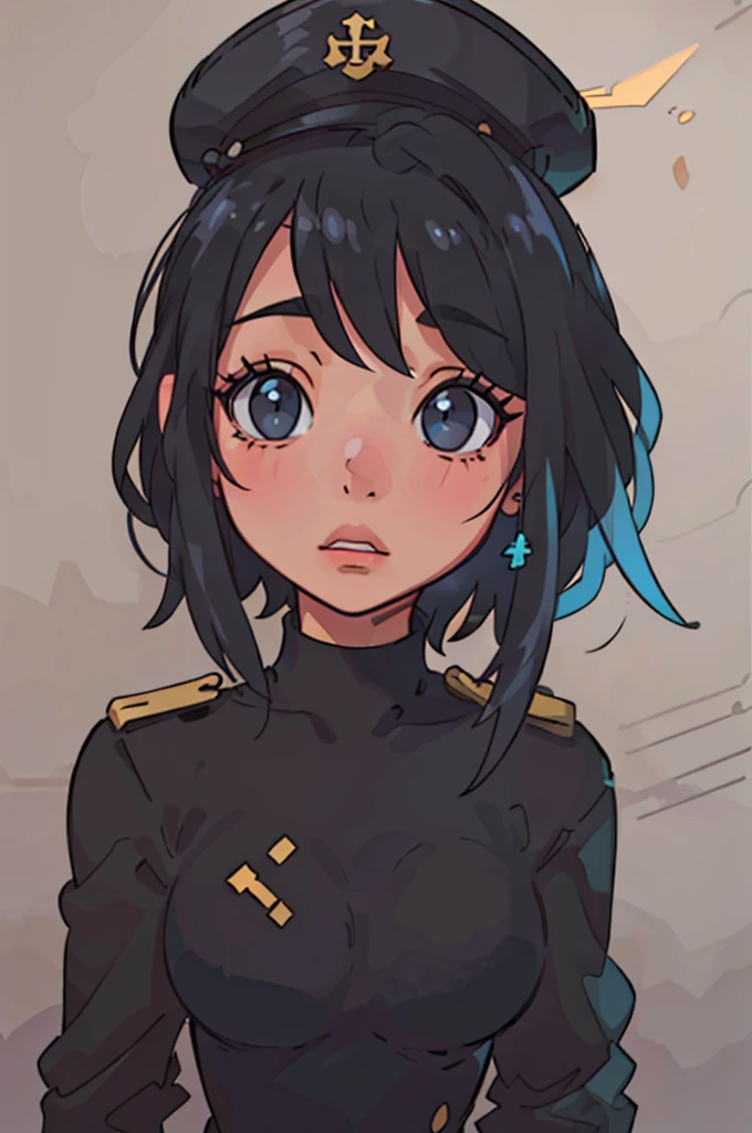 1girl, black uniform, captain's hat, confident pose, beautifully detailed eyes, long eyelashes, captivating gaze, beautifully detailed lips, alluring girl, vivid colors, skillfully executed lighting, studio lighting techniques bringing out the girl's features and the overall mood of the scene., masterpiece, anatomically correct, high quality, best quality, high details