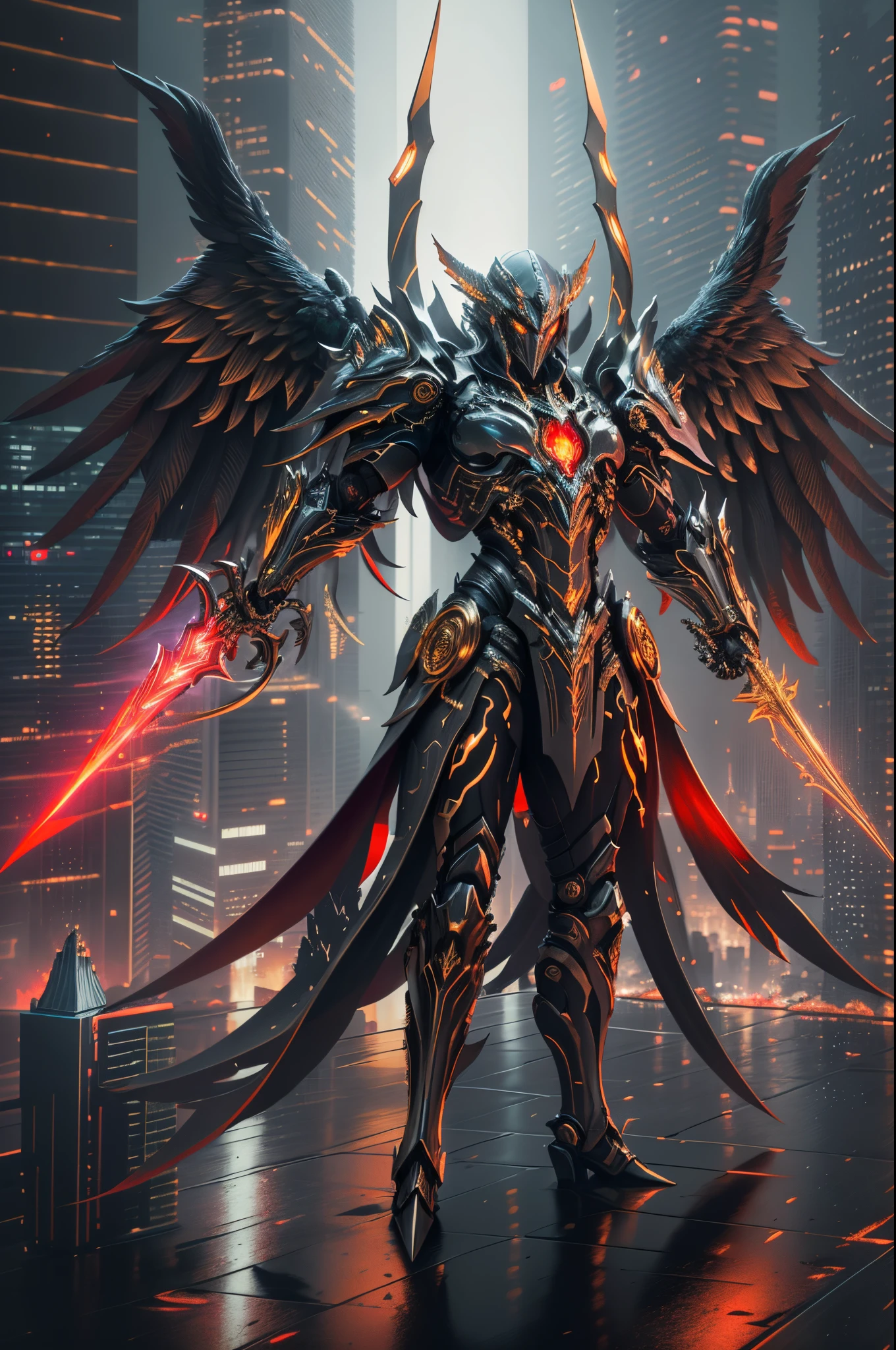 (Best quality at best,A high resolution),Angel with huge golden laser sword,Black armor, Have a pair of exquisite eyes,Hold the sickle high at a 45 degree angle,mechanical prosthesis,monochrome exposure,dramatic lights,Cityscape with red color holographic sci-fi projection,scifi style.