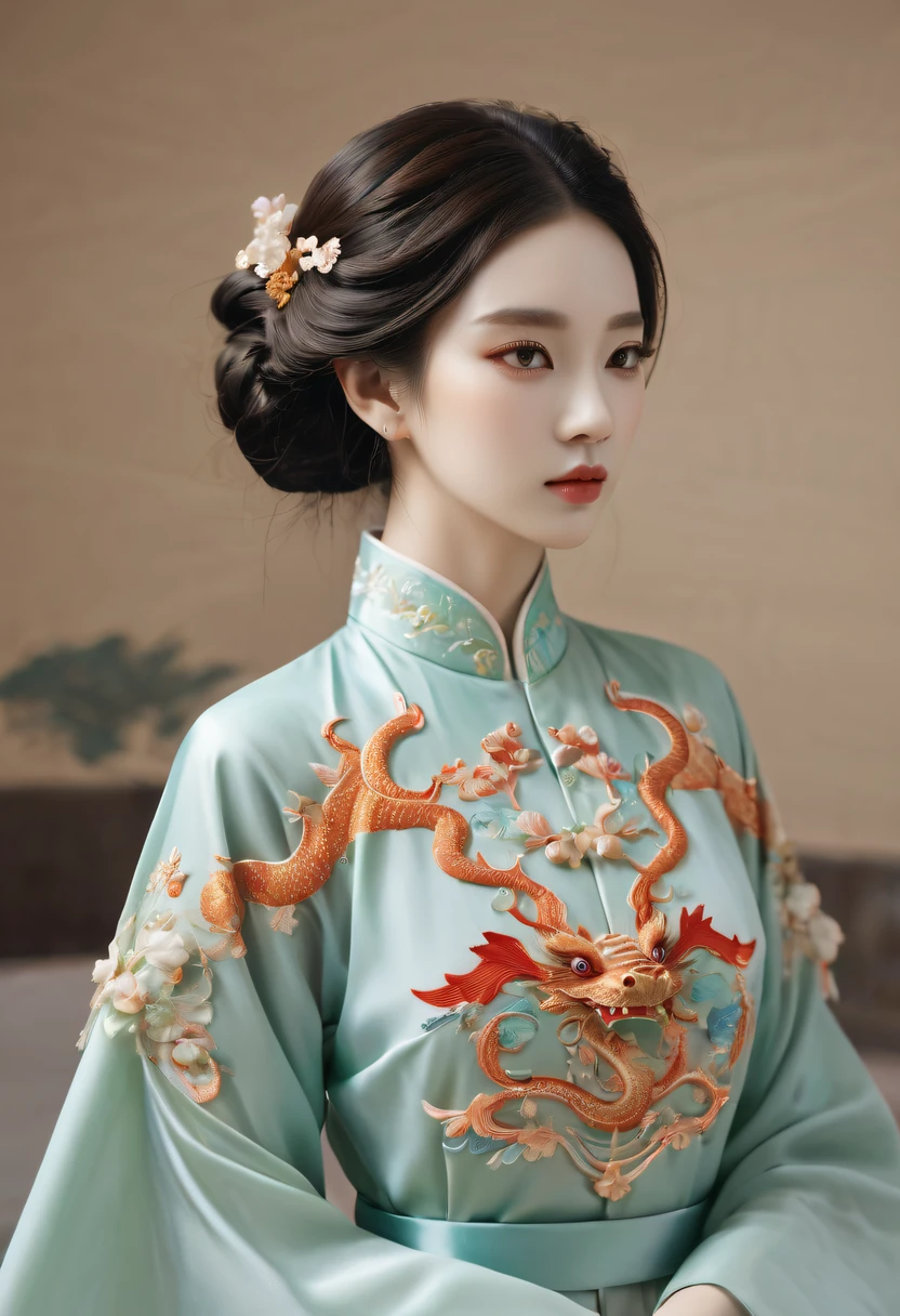 Draw an embroidery work，dragon embroidery，Chinese clothing design，Silk fabric，Symmetrical style