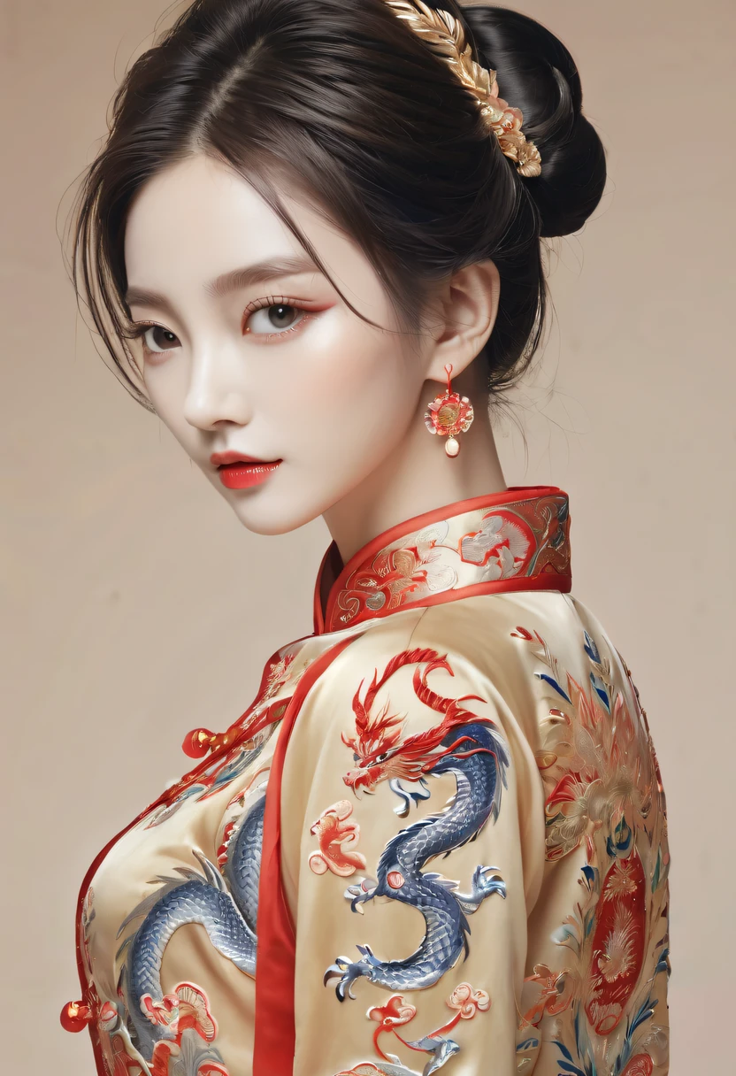 Draw an embroidery work,dragon embroidery,Chinese clothing design,Silk fabric,Symmetrical style