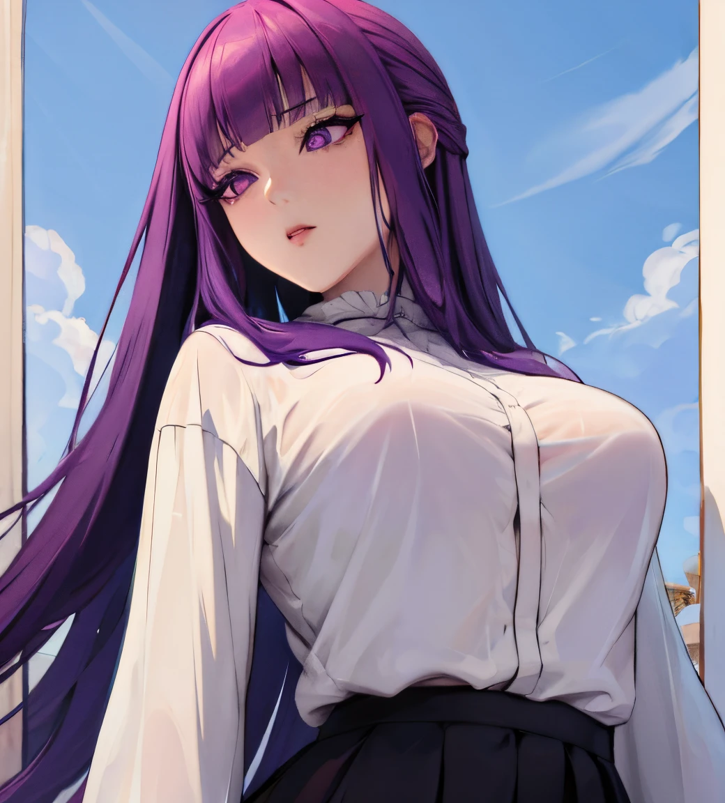 masterpiece, best quality, absurdres, half body, close-up, close up, breast focus, beautiful face, perfect anatomy, 1girl, solo, FernFrieren, very long hair, purple eyes, (purple pupils), white dress, black robe, large breasts, outdoors, square background, expressionless face,