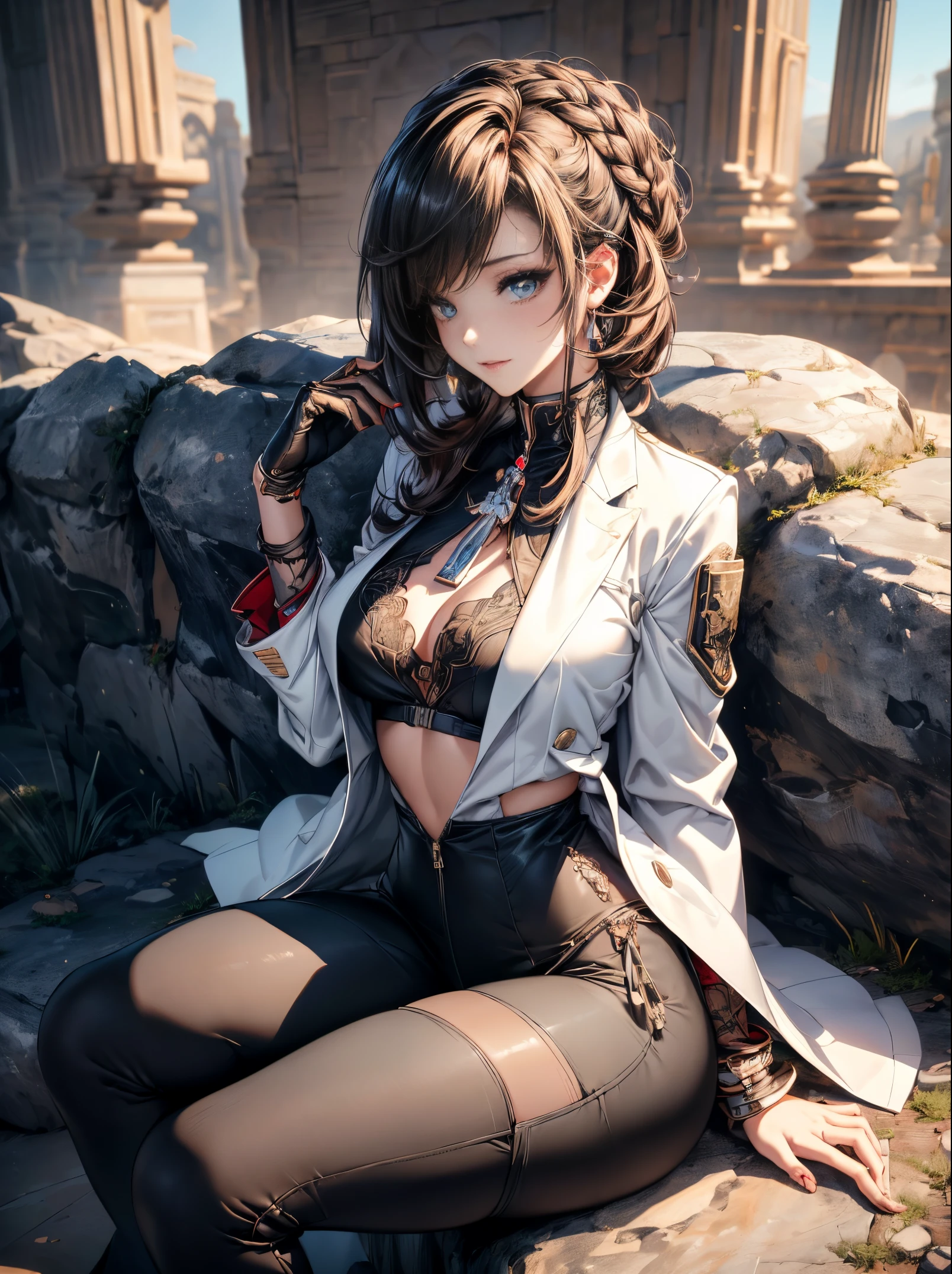 Image Board, Mature woman with long black hair and white outfit, (on a rock in the desert:1.5), (Rest in an oasis:1.2, carry a metal water bottle:1.3, sitting with spreading legs:1.5, yoga pose, Cross-legged:1.3, Indian style, In front of Arabian ruins:1.2), arabic, (postapocalyptic:0.2), from arknights, artwork in the style of guweiz, Bodis Subian, Fine details. girls' frontline, Beautiful anime illustrations, from girls frontline, by Yang J, Stunning, 26 years old, (A MILF:1.3), (Solo:1.5), (SFW:1.25), Sagging breast, Fuge Breast, Big Tits, thin waist, Big ass, Raised sexy, (Dark Mahogany Medium Shorthair, Upstyle, Hair over one eye, asymmetric hair, Curly hair, Lotay Brazzleman, White headscarf, shairband, Bandage on the head, turban), (Ultra High Resolution, 8k RAW photo, photographrealistic, thin outline:1.3, Sharp focus quality, Natural lighting, textile shading, blurry backround, depth of fields, Bokeh, (Bright pupils, fine detailed beautiful eyes, high detailed face), Red Lip, Looking away, (Dynamic Angle:1.2, Front view:1.2, Breast Focus:1.3, From above:1.1), Dynamic Posing, (Sexy Posing:1.2, Leaning forward), Seductive smiling, Center Image, (Wearing a long white jacket and clothes, Wearing white Robea chest:1.37)), Platinum Ornament, Wrap white clothes around your waist, Long leather boots in camel brown:1.3, Translucent lace pantyhose), ((Correct anatomy:1.5)), ((plein air:1.2, in night:1.3)),