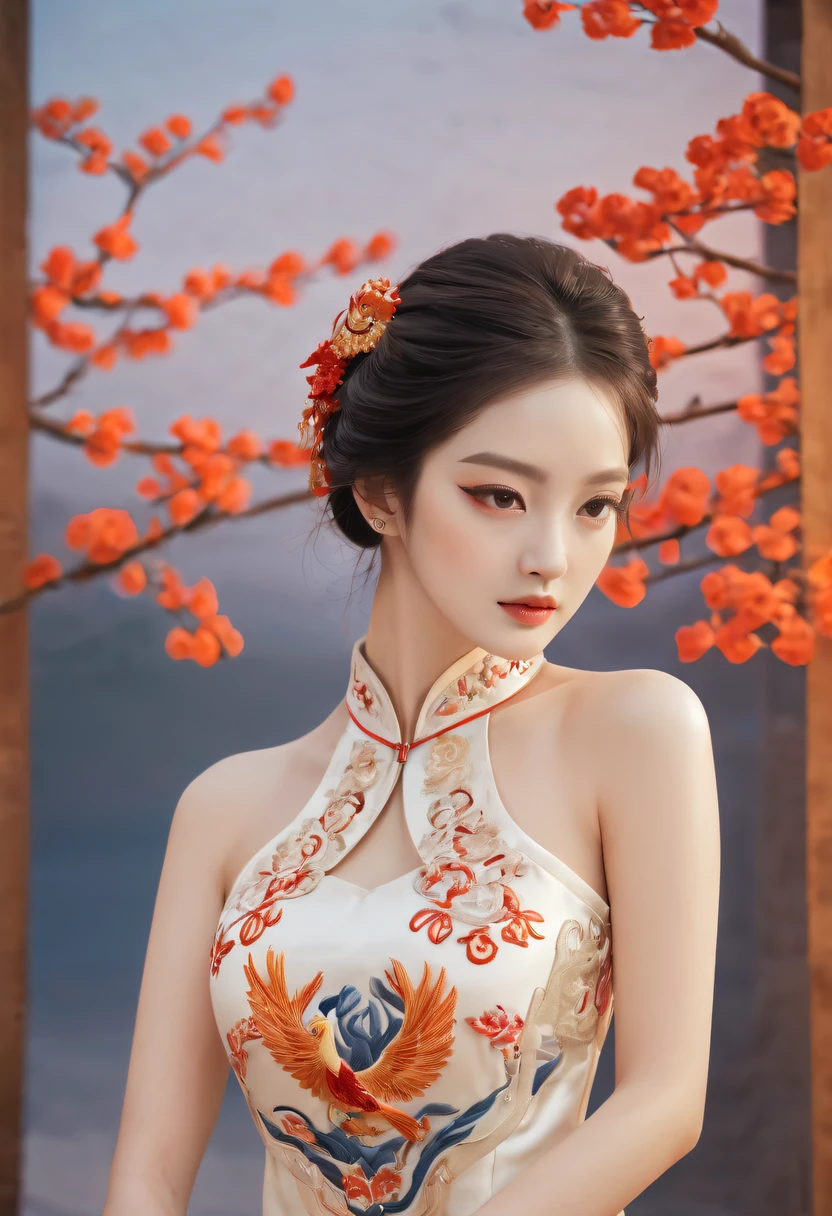 Draw an embroidery work，Phoenix embroidery，Chinese clothing design，Silk fabric，