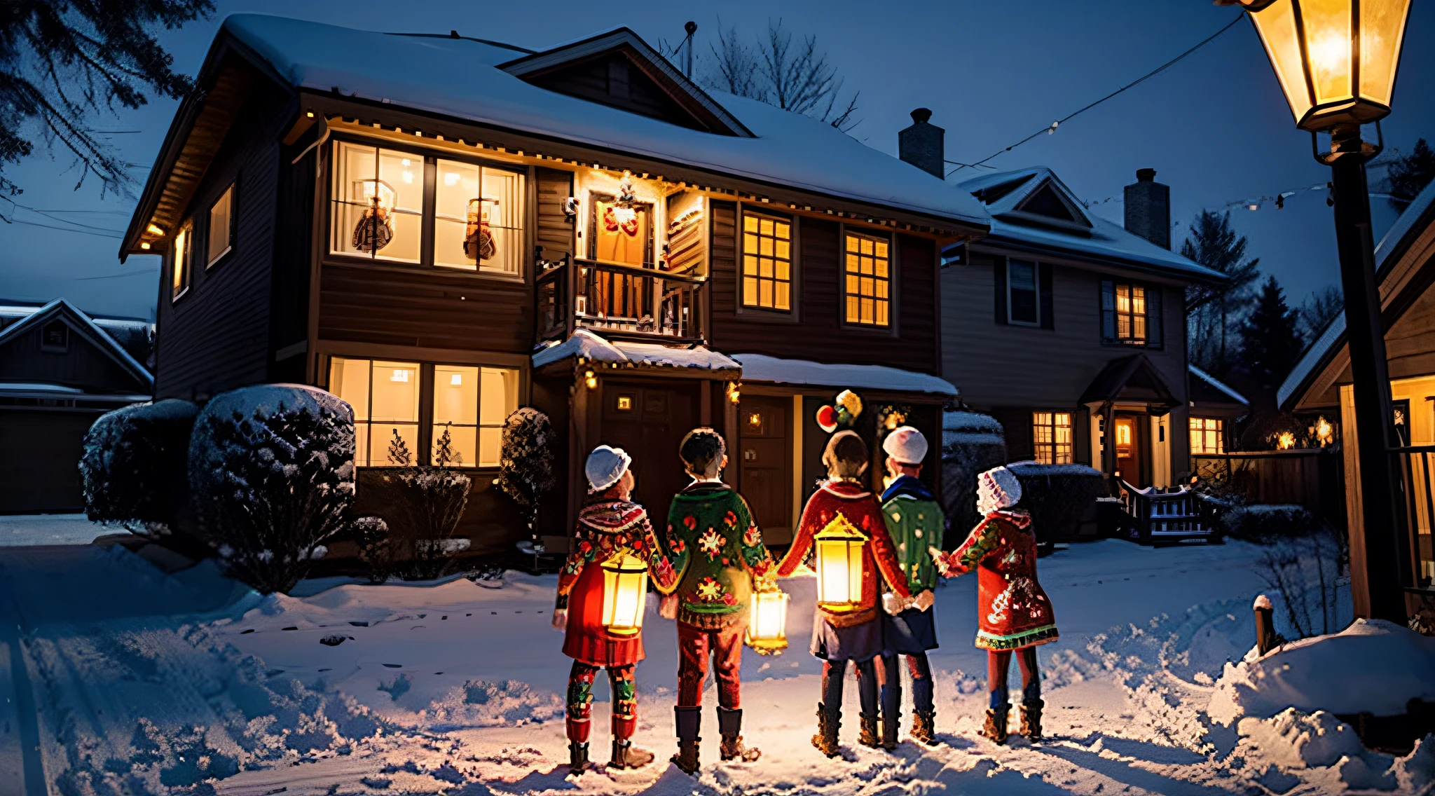 Create a visual representation of 4 kids, dressed in festive sweaters, carrying lanterns, and standing together in front of a warmly lit house.