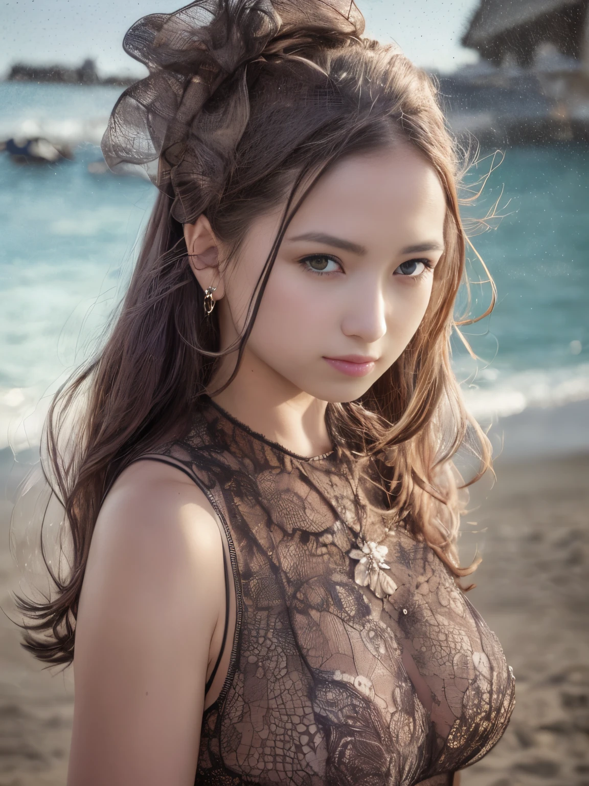 best quality, high resolution, extremely detailed photography, (photorealistic), upper body shot, professional lighting, ((a girl, solo)), beautiful detailed face and eyes, Joy, wearing Elegant dress, in Serene beach