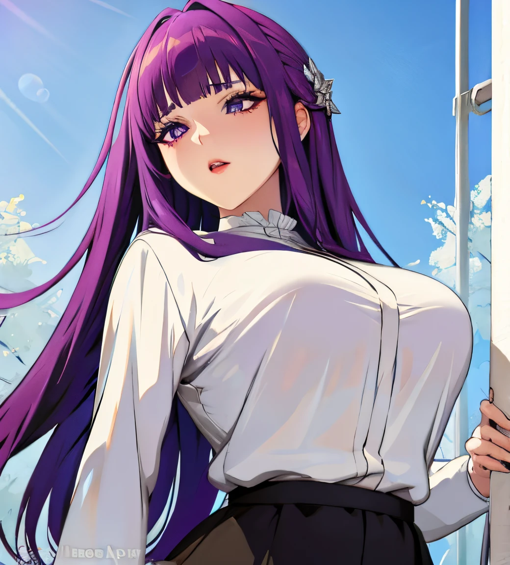 masterpiece, best quality, absurdres, half body, close-up, close up, breast focus, beautiful face, perfect anatomy, 1girl, solo, FernFrieren, very long hair, purple eyes, (purple pupils), white dress, black robe, large breasts, outdoors, square background, expressionless face,