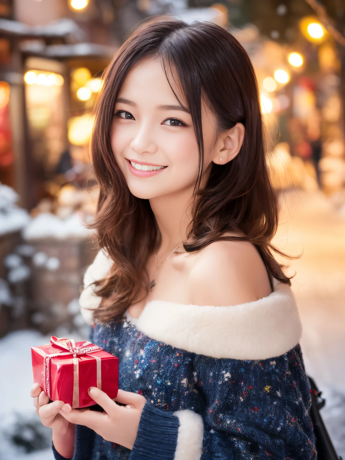 christmas eve girl,Beautiful detailed eyes,Beautiful detailed lips,extremely detailed eye and face,long eyelashes,Christmas themed clothing and accessories,Cute smile,Enjoy the festival atmosphere,Comes with a beautifully wrapped gift box,outdoor snow scene,soft vibrant colors,Warm and cozy lighting,Portraits,Snowflakes falling in the background,delicate snow details,Twinkling lights,There was joy and excitement in her eyes....,zora々Innocence,High Quality Illustrations(4K,hight resolution,masutepiece:1.2),dreamy ambiance、12 year old girl、a baby face、childish、off shoulders、thighs thighs thighs thighs、A smile、short-hair