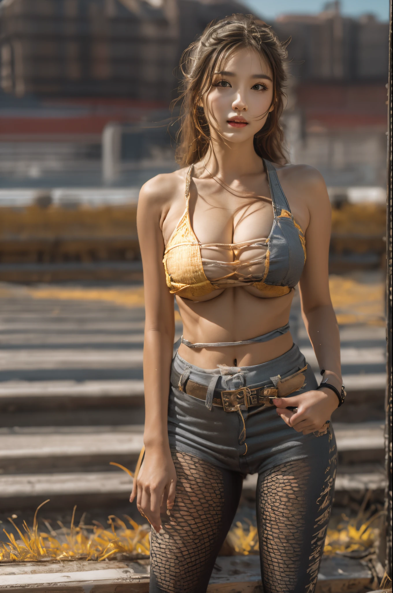 a solo beautiful mature college girl, truck outfit, outside the track field, ((slim, petite)), photorealistic, photorealistic, photorealism, photorealism, high contrast, trend photorealistic digital art HD high definition detail, detail, skin texture, ultra detailed, realistic skin texture, Armature, Top Quality, Ultra High Definition, (Photorealistic:1.4),, High Resolution, Detail, Raw Photography, Sharp Re, Lee Jefferies Nikon D850 Film Stock Photo 4 Kodak Portra 400 Camera F1.6 Lens Rich Colors Hyper Realistic Vibrant Textures Dramatic Lighting Unreal Engine Trendy at ArtStation Synestil 800,Full body, (gigantic breasts:1.4), gigantic cleavage breasts,