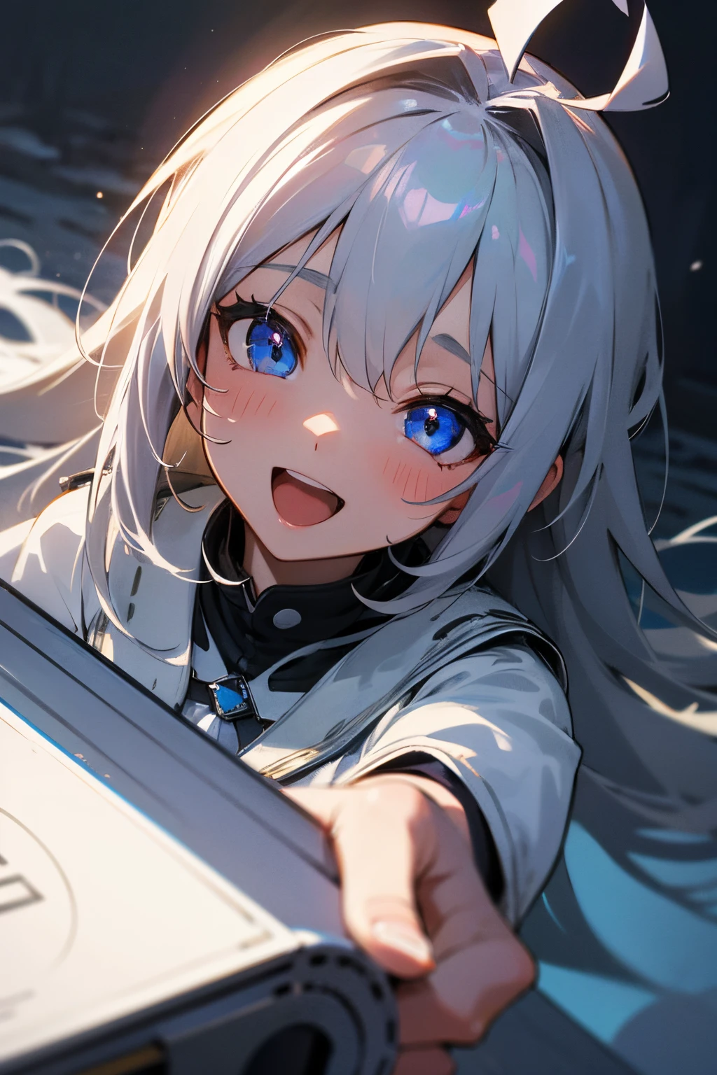 1girl in, silber hair、Blue eyes、Ahoge、A smile, open open mouth,Clear face,masterpiece, detailed shadow, Detailed light, ighly detailed, top-quality, hard disk, in 8K, hightquality、Clear face、snowy night